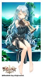 Rule 34 | 1girl, age of ishtaria, barefoot, blue hair, breasts, cleavage, closed eyes, copyright name, copyright notice, detached sleeves, feet, hair ornament, highres, instrument, long hair, medium breasts, official art, original, outdoors, saeki touma, sitting, solo, toki no ishutaria