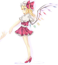 Rule 34 | 1girl, bad id, bad pixiv id, blonde hair, female focus, flandre scarlet, hat, high heels, legs, outstretched arms, ponytail, profile, red eyes, shoes, short hair, side ponytail, smile, solo, embodiment of scarlet devil, touhou, wings, yumesato makura