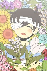 Rule 34 | 1boy, bamboo, bandaged head, bandages, black hair, blue shirt, cactus, crying, eyepatch, closed eyes, facing viewer, flower, gladiolus, highres, lily of the valley, miya (baelfight), omori, open mouth, plant, potted plant, rose, shirt, short hair, short sleeves, solo, spoilers, sunflower, sunny (omori), tears, tulip, twitter username, upper body, white background