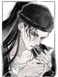 Rule 34 | 1boy, akai shuuichi, bags under eyes, beanie, border, cigarette, guitar case, hair over one eye, hands up, hat, highres, instrument case, lighter, lighting cigarette, long hair, looking at hands, looking away, male focus, meitantei conan, monochrome, mouth hold, outside border, portrait, simple background, sketch, smoking, solo, willowofzion