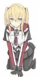 Rule 34 | 10s, 1girl, all fours, azuhira, black gloves, black pantyhose, blonde hair, blue eyes, breasts, capelet, gloves, graf zeppelin (kancolle), grey eyes, hair between eyes, highres, jitome, kantai collection, large breasts, looking at viewer, military, military uniform, necktie, no headwear, no headwear, pantyhose, sidelocks, simple background, solo, twintails, uniform, white background