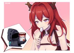 Rule 34 | 1girl, 1other, arknights, bare shoulders, black gloves, black jacket, blush, breasts, cleavage, commentary, doctor (arknights), gloves, haagen-dazs, hair between eyes, hair intakes, hand up, holding, holding spoon, hood, hooded jacket, horns, ice cream tub, jacket, long hair, pink background, purple eyes, red hair, smile, spoon, surtr (arknights), upper body, y0ung