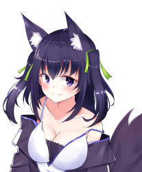 Rule 34 | 1girl, animal ear fluff, animal ears, bare shoulders, breasts, cat ears, cleavage, commentary, dreamoon, green ribbon, guild cq, highres, large breasts, long hair, looking at viewer, off shoulder, purple eyes, purple hair, quon tama, ribbon, simple background, solo, tail, two side up, virtual youtuber, white background