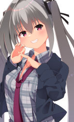 Rule 34 | 1girl, black jacket, black ribbon, blush, casual, collared shirt, commentary, dracu-riot!, elena olegovna owen, eyes visible through hair, grey hair, grin, hair between eyes, hair ribbon, hands up, highres, index finger raised, jacket, long hair, looking at viewer, minase kaya, necktie, official alternate costume, open clothes, open jacket, penetration gesture, plaid, plaid shirt, red eyes, red necktie, ribbon, shirt, smile, solo, straight hair, twintails, upper body, very long hair