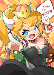 Rule 34 | 1boy, 2girls, aqua eyes, bare shoulders, black dress, black nails, blonde hair, blood, blue eyes, blush, blush stickers, bowsette, breasts, breath weapon, breathing fire, brooch, cabbie hat, carrying, chibi, chromatic aberration, commentary, crown, dress, earrings, english commentary, english text, facial hair, fiery background, fingernails, fire, foreshortening, goomba, hair between eyes, happymaoo, hat, heart, heart-shaped eyes, heart in mouth, highres, horns, inset, jewelry, long hair, looking at viewer, mario, mario (series), multiple girls, mustache, nail polish, new super mario bros. u deluxe, nintendo, nose blush, nosebleed, open mouth, orange pupils, pink dress, pointing, pointy ears, ponytail, princess peach, red hat, rolling eyes, rope, sharp fingernails, shiny clothes, short hair, shouting, sidelocks, slit pupils, spiked shell, strapless, strapless dress, super crown, tail, thick eyebrows, waist cape