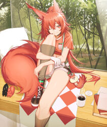 Rule 34 | 1girl, ;), absurdres, animal ears, arknights, black choker, black footwear, book, choker, commentary request, crop top, cup, flametail (arknights), flametail (sport for all) (arknights), foot out of frame, highres, knee up, large tail, long hair, looking at viewer, midriff, mug, navel, official alternate costume, one eye closed, orange eyes, orange hair, orange shirt, shirt, shoes, short shorts, shorts, signal 1120, smile, solo, squirrel ears, squirrel tail, sugar cube, tail, thighs, very long hair, white shorts