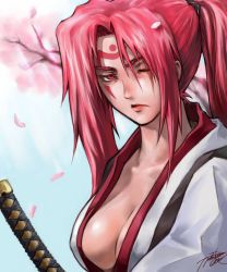 Rule 34 | 1girl, baiken, breasts, cleavage, facial tattoo, guilty gear, image sample, japanese clothes, katana, kimono, large breasts, lips, long hair, min chan-wook, no bra, one-eyed, open clothes, open kimono, petals, phantom ix row, pink eyes, pink hair, ponytail, scar, scar across eye, scar on face, sideboob, solo, sword, tattoo, weapon