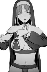 1girl blush bra breasts capelet choppy_bangs clothes_lift commentary_request cupless_bra dress dress_lift gloves greyscale highres long_sleeves looking_at_viewer makachi_to medium_breasts monochrome navel nijisanji nun one_breast_out open_mouth parted_bangs simple_background sister_claire solo standing sweat traditional_nun underwear virtual_youtuber white_background