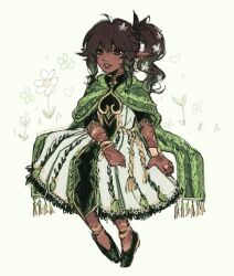 Rule 34 | 1girl, alternate hair color, alternate skin color, anklet, bracelet, braid, capelet, clenched hand, colored tips, commentary, dark-skinned female, dark skin, dress, english commentary, flower, genshin impact, green capelet, green dress, green eyes, green footwear, green hair, hair flower, hair ornament, henna, hi (fruberry01), highres, invisible chair, jewelry, long pointy ears, mole, mole under mouth, multicolored hair, nahida (genshin impact), parted lips, pointy ears, ring, side braid, sitting, sketch, smile, solo, white flower