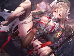 Rule 34 | 1girl, arknights, breasts, brown hair, censored, eyjafjalla (arknights), horns, imminent rape, imminent penetration, mosaic censoring, multiple boys, nipples, outdoors, panties, panties around leg, penis, pussy, respirator, reunion soldier (arknights), sheep horns, solo focus, spread legs, ten no hoshi, torn clothes, torn legwear, underwear, white panties