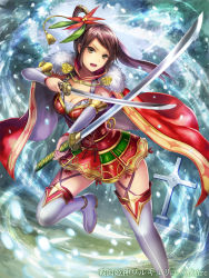 Rule 34 | 1girl, armor, armored dress, black hair, boots, breasts, cape, cleavage, detached sleeves, dress, dual wielding, flower, fur trim, hair flower, hair ornament, holding, holding sword, holding weapon, karasuba yomi, katana, large breasts, long hair, looking at viewer, official art, ponytail, red dress, sengoku kishin valkyrie, short dress, solo, sword, thigh boots, thighhighs, tombstone, weapon, white footwear, yellow eyes