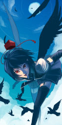 Rule 34 | 1girl, bent over, bird, black gloves, black hair, black skirt, black thighhighs, black wings, cloud, commentary request, crow, elbow gloves, feathered wings, feathers, garter straps, gloves, hat, highres, lace, lace-trimmed gloves, lace trim, light particles, long legs, looking at viewer, moonlight, morning, necktie, night, night sky, open clothes, open vest, pleated skirt, pointy ears, puffy short sleeves, puffy sleeves, rapuka, red eyes, shameimaru aya, short hair, short sleeves, skirt, sky, smile, solo, sun, thighhighs, tie clip, tokin hat, tongue, tongue out, touhou, vest, wings
