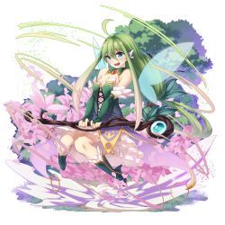 Rule 34 | 10s, 1girl, :d, ahoge, bad id, bad pixiv id, breasts, cleavage, fairy, flower, green eyes, green hair, holding, ibuki notsu, long hair, looking at viewer, matching hair/eyes, merc storia, open mouth, original, simple background, smile, solo, staff, tree, white background