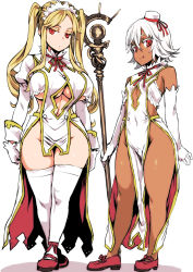 Rule 34 | 2girls, asanagi, bare shoulders, blonde hair, blush, breasts, choker, cleavage cutout, clothing cutout, colored eyelashes, curvy, dark-skinned female, dark skin, elbow gloves, fang, full body, gloves, groin, hair between eyes, holding, large breasts, long hair, maid headdress, multiple girls, naked tabard, navel, navel cutout, no bra, no panties, no socks, original, pelvic curtain, red eyes, red footwear, red ribbon, ribbon, ribbon choker, shadow, shoes, side cutout, side slit, sidelocks, simple background, small breasts, smile, staff, standing, tabard, thick thighs, thighhighs, thighs, twintails, underboob, white background, white gloves, white hair, white legwear, wide hips