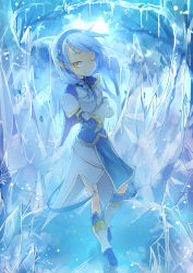Rule 34 | 1girl, braid, crossed arms, fred04142, gauntlets, hair ornament, hairband, ice crystal, looking at viewer, one eye closed, original, pointy ears, silver hair, single braid, smile, solo, yellow eyes