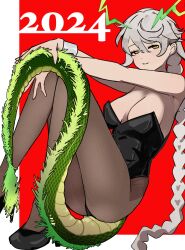 Rule 34 | 1girl, 2024, alternate costume, black footwear, black leotard, braid, breasts, brown pantyhose, chinese zodiac, cleavage, closed mouth, dragon girl, dragon horns, dragon tail, fujisaki (si da), grey hair, high heels, highres, horns, kantai collection, large breasts, leotard, long hair, looking at viewer, orange eyes, pantyhose, simple background, single braid, solo, strapless, strapless leotard, tail, unryuu (kancolle), very long hair, wrist cuffs, year of the dragon