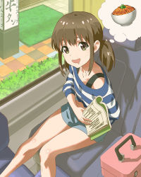 Rule 34 | 10s, 1girl, book, brown eyes, drooling, artistic error, food, hands on stomach, hungry, katayama minami, looking at viewer, official art, open mouth, shorts, sitting, solo, thought bubble, train, train interior, wake up girls!, wake up girls! stage no tenshi