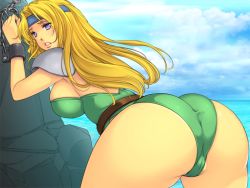 Rule 34 | 1990s (style), 1girl, ass, backboob, beach, bent over, blonde hair, blue eyes, bound, breasts, cameltoe, celes chere, clenched teeth, cloud, final fantasy, final fantasy vi, from behind, large breasts, legs, long hair, looking back, ocean, shoulder pads, sky, solo, teeth, thighs, tied up, water, yoko juusuke