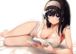 Rule 34 | 1girl, :o, arm support, bare shoulders, bed sheet, black hair, blue eyes, blush, book, bow, bow panties, breasts, camisole, cleavage, collarbone, eyes visible through hair, groin, hair between eyes, hairband, half-closed eyes, highres, holding, holding book, idolmaster, idolmaster cinderella girls, lace, lace-trimmed panties, lace trim, large breasts, long hair, lying, on side, open book, panties, raiou, reading, sagisawa fumika, see-through, simple background, skindentation, solo, strap gap, sweat, thigh gap, underwear, underwear only, white camisole, white panties