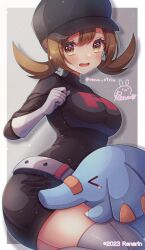 Rule 34 | 1girl, belt, blush, boots, border, breasts, brown eyes, brown hair, creatures (company), eyelashes, game freak, gen 2 pokemon, gloves, grey background, hat, highres, large breasts, logo, long hair, looking at viewer, lyra (pokemon), medium breasts, nintendo, open mouth, phanpy, pokemon, pokemon (creature), pokemon hgss, rena rin, signature, team rocket, team rocket uniform, thigh boots, twintails, white border