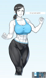 Rule 34 | 1girl, abs, absurdres, biceps, black hair, black pants, blue sports bra, breasts, cleavage, clenched hands, collarbone, colored skin, commentary, english commentary, english text, grey eyes, highres, large breasts, looking at viewer, medium hair, midriff, muscular, muscular female, navel, nintendo, nisetanaka, paid reward available, pants, short ponytail, solo, speech bubble, sports bra, standing, super smash bros., taut clothes, thick thighs, thighs, tight clothes, tight pants, white skin, wii fit, wii fit trainer, wii fit trainer (female), yoga pants