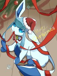 animal_focus bell blue_hair christmas christmas_ornaments christmas_tree creatures_(company) game_freak gen_4_pokemon glaceon hat highres indoors long_hair lying merry_christmas nintendo no_humans pokemon pokemon_(creature) red_ribbon ribbon santa_hat shiznar sidelocks smile solo tail