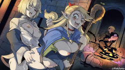 Rule 34 | 1boy, 2girls, ass, ass grab, blonde hair, blush, breasts, breasts out, clothed sex, cum, cum in pussy, cum inflation, dungeon meshi, falin touden, futa with female, futanari, grabbing, grabbing another&#039;s ass, grabbing from behind, green eyes, highres, holding, holding stick, inflation, long hair, looking at viewer, marcille donato, medium breasts, multiple girls, nipples, one eye closed, open mouth, orphen (pink seito), pointy ears, sex, sex from behind, sitting, stealth sex, stick, surprised