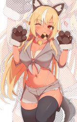 Rule 34 | 1girl, absurdres, alternate costume, animal ear hairband, animal ears, animal hands, bell, black thighhighs, blonde hair, blush, commentary, commission, cookie, crop top, cropped shirt, dark-skinned female, dark skin, detached collar, dog ear hairband, dog girl, dog tail, english commentary, fake animal ears, food, front-tie top, gloves, grey shirt, grey shorts, hairband, highleg, highleg panties, highres, hololive, jingle bell, knee up, long hair, long pointy ears, looking at viewer, midriff, mouth hold, multicolored hair, navel, neck bell, panties, panty straps, paw gloves, paw pose, pointy ears, second-party source, sen (sen42724788), shiranui flare, shirt, shorts, skeb commission, solo, standing, standing on one leg, streaked hair, tail, thighhighs, thong, underwear, virtual youtuber, white panties, zettai ryouiki, zoom layer