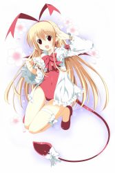 Rule 34 | 1girl, blonde hair, bow, cherry blossoms, covered navel, disgaea, earrings, flonne, flonne (fallen angel), floral background, frills, full body, hair ribbon, hairband, jewelry, leg ribbon, leotard, long hair, makai senki disgaea, red eyes, red leotard, ribbon, shoes, smile, solo, sutemo, tail, tail bow, tail ornament, thigh gap