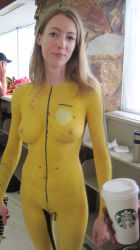 Rule 34 | 1girl, absurdres, beatrix kiddo, beatrix kiddo (cosplay), blonde hair, blood, bodypaint, breasts, bruce lee&#039;s jumpsuit, character request, cosplay, highres, kill bill, looking at viewer, nude, painted clothes, photo (medium), sword, thigh gap, uncensored, warrior, weapon