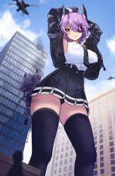 Rule 34 | 1girl, absurdres, aircraft, arms up, ass shake, black jacket, black panties, black skirt, black thighhighs, blush, breasts, building, city, destruction, eyepatch, frilled skirt, frills, from below, giant, giantess, gloves, grin, helicopter, highres, jacket, kantai collection, large breasts, open clothes, open jacket, outdoors, panties, partially fingerless gloves, purple hair, shattered, short hair, size difference, skirt, smile, smoke, solo focus, tenryuu (kancolle), tenryuu kai ni (kancolle), thighhighs, underwear, vest, white vest, yellow eyes, zenougts