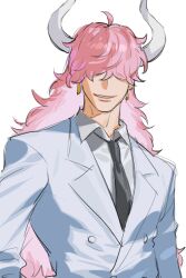 Rule 34 | 1boy, black necktie, buttons, earrings, formal, hair over eyes, horns, jacket, jewelry, long hair, male focus, necktie, one piece, pink hair, raine (acke2445), simple background, smile, solo, suit, upper body, white background, white jacket, white suit, who&#039;s who (one piece)