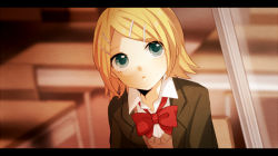 Rule 34 | 1girl, :o, blazer, blonde hair, blue eyes, blurry, depth of field, female focus, hair ornament, hairclip, indoors, jacket, kagamine rin, letterboxed, open mouth, orange (vocaloid), school uniform, short hair, solo, sweater, tama (songe), vocaloid