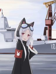 Rule 34 | 1girl, absurdres, animal ear headphones, animal ears, arm up, azur lane, black jacket, blush, cat ear headphones, chang chun (azur lane), eyewear on head, fake animal ears, gloves, headphones, headset, highres, jacket, long hair, looking at viewer, military, military vehicle, open mouth, purple eyes, retrofit (azur lane), safety glasses, scenery, shasha (shasha159357), ship, silver hair, simple background, solo, standing, tears, warship, watercraft, white gloves