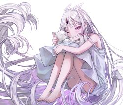 Rule 34 | 1other, absurdly long hair, absurdres, animal, cat, chise (vtuber), chiseoyasumi, dress, facial mark, feet, forehead mark, highres, holding, holding animal, indie virtual youtuber, light purple hair, long hair, mole, mole under mouth, monster girl, one eye closed, panties, pink eyes, purple eyes, sundress, underwear, very long hair, virtual youtuber, white background, white dress, white panties