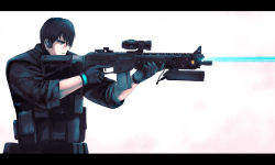 Rule 34 | 1boy, assault rifle, bad id, bad pixiv id, black hair, gloves, gun, highres, laser, laser pointer projection, laser sight, letterboxed, male focus, onibi (foxhound4185), original, rifle, short hair, sig sauer, sig sauer 556, solo, weapon