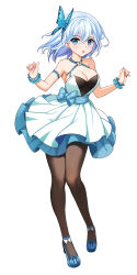Rule 34 | 1girl, :o, ankle strap, arm strap, bang dream!, bare shoulders, blue bow, blue eyes, blue flower, blue footwear, blue rose, bow, breasts, brown pantyhose, butterfly hair ornament, cleavage, criss-cross halter, crossed bangs, dopamine70, dress, fingernails, flower, footwear bow, full body, hair between eyes, hair flower, hair ornament, halter dress, halterneck, hands up, high heels, highres, kurata mashiro, layered dress, light blush, looking at viewer, medium breasts, medium hair, nail polish, pantyhose, parted lips, pumps, purple nails, rose, simple background, solo, standing, w arms, white background, white dress, white hair, wrist cuffs