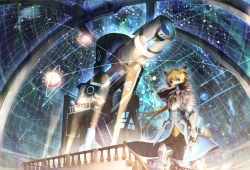 Rule 34 | 1boy, aqua eyes, armor, armored boots, blonde hair, boots, cartridge, chung seiker, elsword, gauntlets, highres, light, long hair, observatory, observatory dome, scorpion5050, shelling guardian (elsword), shoulder armor, telescope
