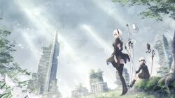 Rule 34 | 1boy, 1girl, back cutout, blindfold, boots, clothing cutout, cloud, cloudy sky, commentary, dress, from behind, high heel boots, high heels, highres, juliet sleeves, light rays, long sleeves, marian oekaki, nier:automata, nier (series), panties, pantyshot, puffy sleeves, ruins, short hair, shorts, shoulder cutout, sky, socks, sunlight, sword, thigh boots, thighhighs, tree, underwear, weapon, 2b (nier:automata), 9s (nier:automata)
