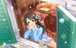 Rule 34 | 1girl, book, braid, brown hair, chair, game cg, idolmaster, idolmaster cinderella girls, idolmaster cinderella girls starlight stage, official art, open mouth, red eyes, snowing, solo, table, teapot, yaguchi miu