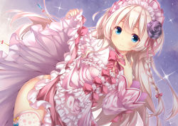 Rule 34 | 1girl, blue eyes, blush, bow, braid, choker, closed mouth, clothes lift, commentary request, dress, dress lift, flower, frilled dress, frills, hair bow, hair flower, hair ornament, hands up, highres, lifted by self, lolita fashion, long hair, long sleeves, original, panties, pink bow, pink dress, purple flower, purple rose, red choker, rose, ryo (botugo), shirt, side braid, single braid, smile, solo, sparkle, strapless, strapless dress, sweet lolita, thighhighs, underwear, very long hair, white hair, white panties, white shirt, white thighhighs, wide sleeves