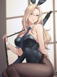 Rule 34 | 1girl, animal ears, black leotard, black necktie, black pantyhose, blonde hair, breasts, collar, commentary request, detached collar, eyes visible through hair, fake animal ears, grey eyes, gun, highres, hornet (kancolle), kantai collection, large breasts, leotard, long hair, necktie, odachu, pantyhose, playboy bunny, rabbit ears, rifle, sitting, sitting on table, smile, solo, strapless, strapless leotard, weapon, white collar, window, wrist cuffs