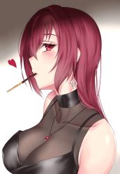 Rule 34 | 1girl, blush, breasts, cleavage, collarbone, crimecrime, earrings, fate/grand order, fate (series), food, from side, heart, highres, jewelry, large breasts, lipstick, long hair, looking at viewer, makeup, mouth hold, necklace, pocky, purple hair, red eyes, scathach (fate), scathach (fate), shadow, see-through, simple background, solo
