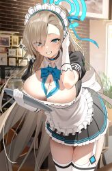 Rule 34 | 1girl, absurdres, apron, asuna (blue archive), asymmetrical bangs, blonde hair, blue archive, blue bow, blue bowtie, blue eyes, blue ribbon, blush, bow, bowtie, breasts, cleavage, commentary, cowboy shot, detached collar, dress, elbow gloves, gloves, hair over one eye, hair ribbon, halo, highres, holding, holding tray, indoors, large breasts, leaning forward, light brown hair, livy atan, long hair, looking at viewer, maid, maid apron, maid headdress, mole, mole on breast, ribbon, short sleeves, skirt, smile, solo, standing, thighhighs, thighs, traditional bowtie, tray, very long hair, white apron, white gloves