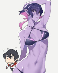 Rule 34 | 1boy, 1girl, arched back, arm behind head, armpits, ban! (bansankan), bikini, black hair, collarbone, colored skin, covered erect nipples, facial mark, frown, highres, hyakujuu-ou golion, keith (voltron), krolia, lips, looking at viewer, mother and son, multicolored hair, navel, parted lips, purple eyes, purple hair, purple skin, simple background, swimsuit, two-tone hair, voltron: legendary defender, voltron (series), wide hips