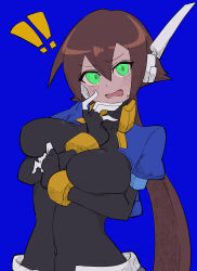 Rule 34 | !, !!, 1girl, absurdres, aile (mega man zx), arms under breasts, black bodysuit, blue background, blue jacket, blush, bodysuit, bodysuit under clothes, breasts, brown hair, buzzlyears, covered collarbone, covered navel, cropped jacket, green eyes, highres, jacket, large breasts, long hair, mega man (series), mega man zx, mega man zx advent, open clothes, open jacket, pointing, pointing at viewer, ponytail, robot ears, short sleeves, shorts, simple background, solo, upper body, white shorts
