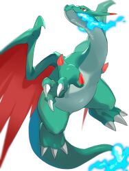 Rule 34 | alternate color, animal focus, blue fire, charizard, claws, closed mouth, colored skin, commentary request, creatures (company), dragon wings, fangs, fire, game freak, gen 1 pokemon, green skin, highres, horns, mega charizard x, mega pokemon, mian (3zandora), nintendo, no humans, pokemon, red eyes, shiny pokemon, simple background, white background, wings