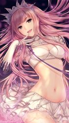 Rule 34 | 1girl, :d, artist name, breasts, brown eyes, cleavage, cowboy shot, crop top, elbow gloves, fate/grand order, fate (series), floating hair, gloves, hagino kouta, hand up, lens flare, long hair, looking at viewer, medb (fate), medb (fate), medium breasts, midriff, miniskirt, navel, open mouth, pink hair, riding crop, see-through, shirt, sidelocks, skirt, sleeveless, sleeveless shirt, smile, solo, tiara, turtleneck, white gloves, white shirt, white skirt
