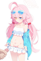 Rule 34 | 1boy, 1girl, ahoge, bar censor, bare shoulders, bikini, blue-tinted eyewear, blue archive, blue eyes, blush, breasts, censored, cleft of venus, closed mouth, cum, cum on body, cum on clothes, cum on stomach, cumdrip, eyewear on head, frilled bikini, frills, hair between eyes, hair bobbles, hair ornament, halo, hetero, heterochromia, highres, hoshino (blue archive), hoshino (swimsuit) (blue archive), kagami (galgamesion), long hair, looking at viewer, low twintails, male masturbation, masturbation, navel, off shoulder, official alternate costume, open clothes, penis, pink hair, pussy, pussy peek, revision, simple background, small breasts, smile, solo focus, stomach, sunglasses, swimsuit, tinted eyewear, twintails, veins, veiny penis, very long hair, white background, white bikini, yellow eyes