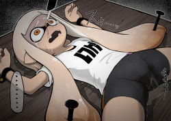 Rule 34 | ..., 1girl, arms up, bike shorts, blade, bleeding, blonde hair, blood, blunt bangs, bound, bound wrists, cameltoe, clothes writing, constricted pupils, corpse, crying, cuts, death, drooling, empty eyes, fangs, female focus, flat chest, gradient hair, injury, inkling, inkling girl, inkling player character, japanese text, long hair, lying, multicolored hair, nail, nintendo, on back, on floor, on request, open mouth, orange eyes, orange hair, pee, peeing, peeing self, pointy ears, puddle, restrained, roruri, ryona, saliva, scared, shirt, short sleeves, sidelocks, solo, speech bubble, splatoon (series), spoken ellipsis, spread legs, squid spike, stationary restraints, sweat, tears, tentacle hair, tentacles, trembling, turn pale, twintails, two-tone hair, very long hair, white shirt, wide-eyed, wooden floor